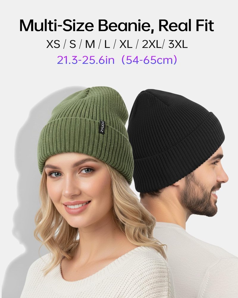 Zylioo XXL Oversize Warm Lined Knit Hat,Large Size Stretchy Winter Ski Hats,Cold Weather Cuffed Beanie Skull Cap