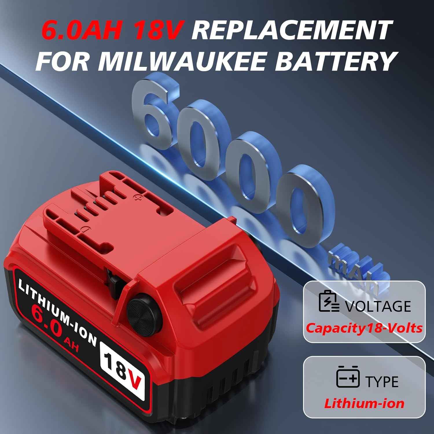 Milwaukee M18 6.0Ah Lithium-ion Battery Replacement (2-Pack) - Compatible with 18V Chargers & Tools