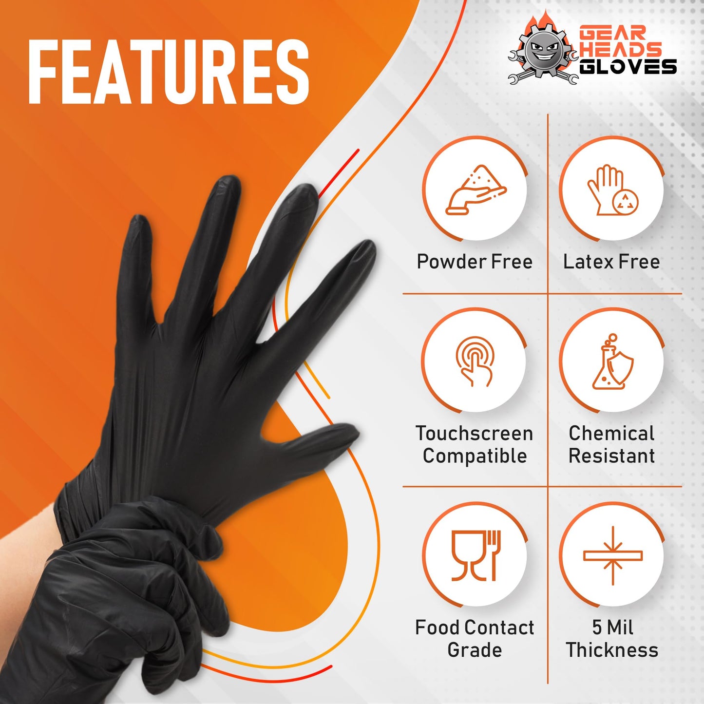 GEARHEADS Black Nitrile Disposable Gloves - 5 Mil Thickness, Chemical, and Food Safe, Latex-Free, Powder-Free, Textured Fingertips, Ideal for Mechanics, Cleaning, Food Prep (Large (Pack of 100))
