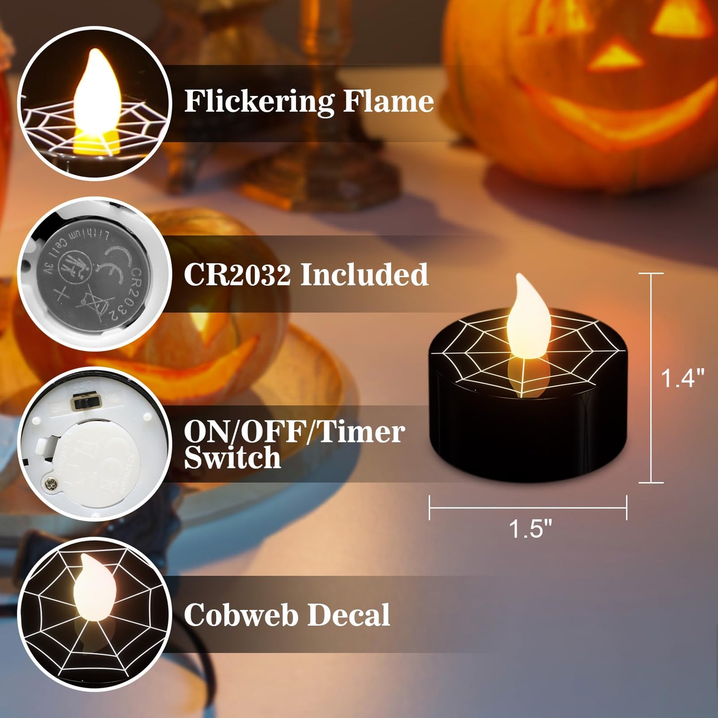DRomance Halloween Flameless Votive Candles Battery Operated with 6H Timer, 12 Pack Black Spider Cobweb Decal LED Flickering Pumpkin Tea Lights Candles Fall Indoor Decoration(1.5" D x 1.4" H)
