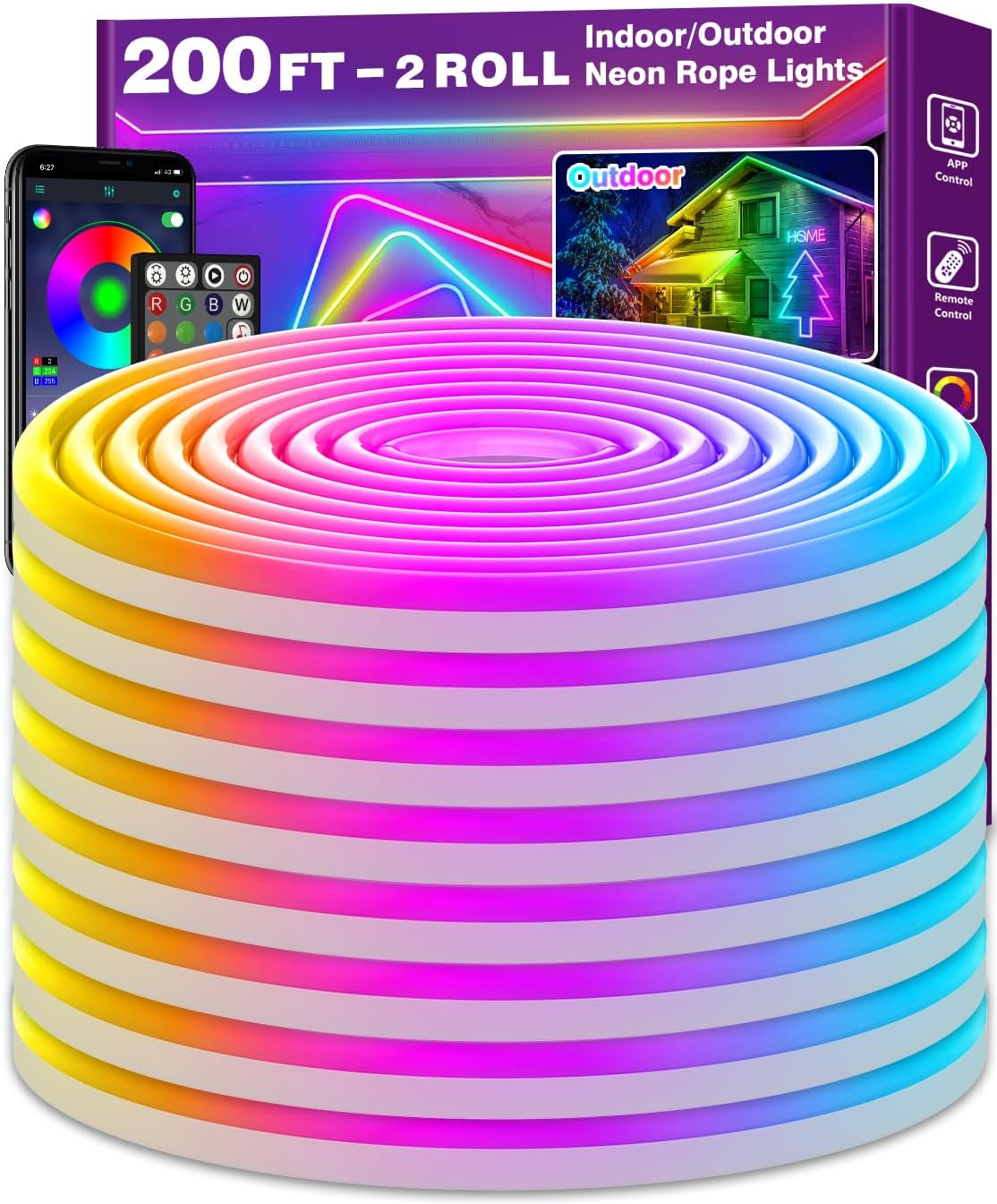 50FT LED Neon Rope Lights - App/Remote Control, Waterproof RGB Strip for Outdoor & Bedroom Decor, Music Sync & Multiple Modes