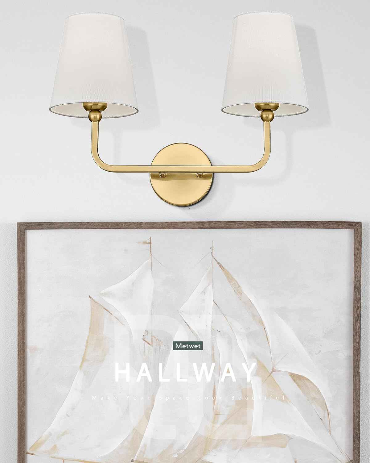 Brushed Gold 2-Light Bathroom Vanity Sconce with White Fabric Shade - Modern Wall Lighting for Hallway & Bedroom, Model VL837-BG