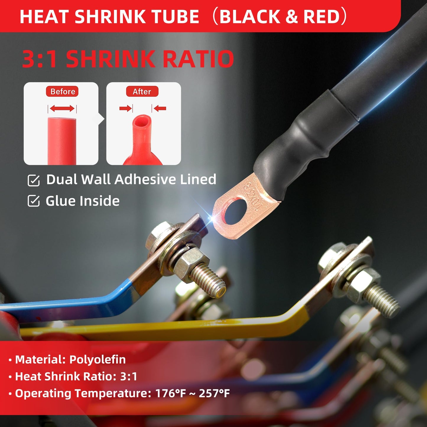 RED WOLF 10 Pack 8 Gauge x 3/8" Copper Wire Ring Terminals Connector Lug Battery Cable Ends Stud W/3:1 Heat Shrink Tubing Tube Black & Red Each 5 PCS for Electrical Vehicle Boat Marine