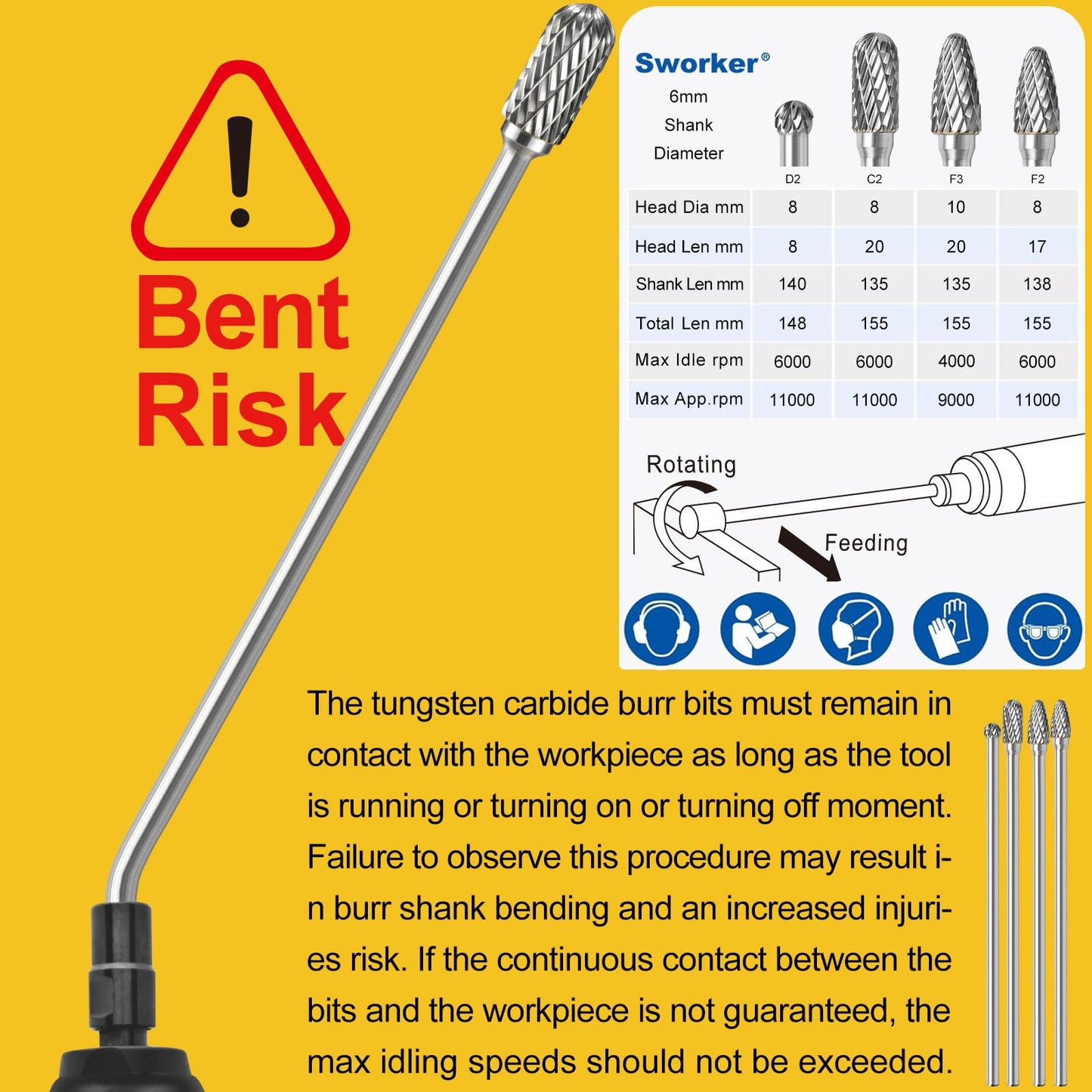 Sworker 4Pcs Long Carbide Burr Set 6mm Shank Total L 155mm Die Grinder Bits Rotary Rasp Attachment Cut Port Grind Metal Cast Iron Steel Aluminum Cylinder Head Engine Intake Exhaust Manifold Tight Area