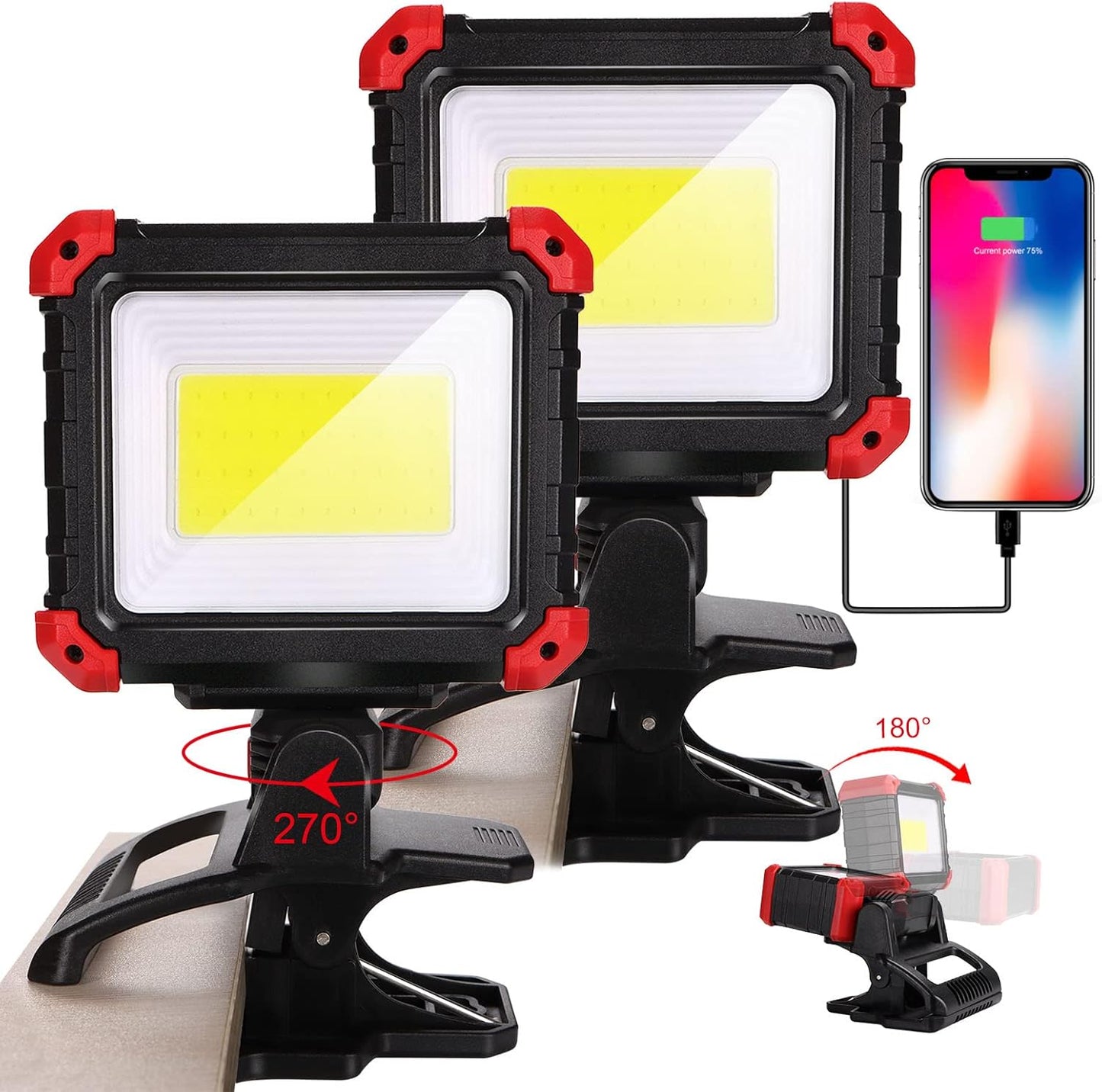 2100LM LED Rechargeable Work Light with Clamp - 2-Pack Magnetic Clip-On, 270° Rotating, Portable for Car Repair & Job Site Lighting