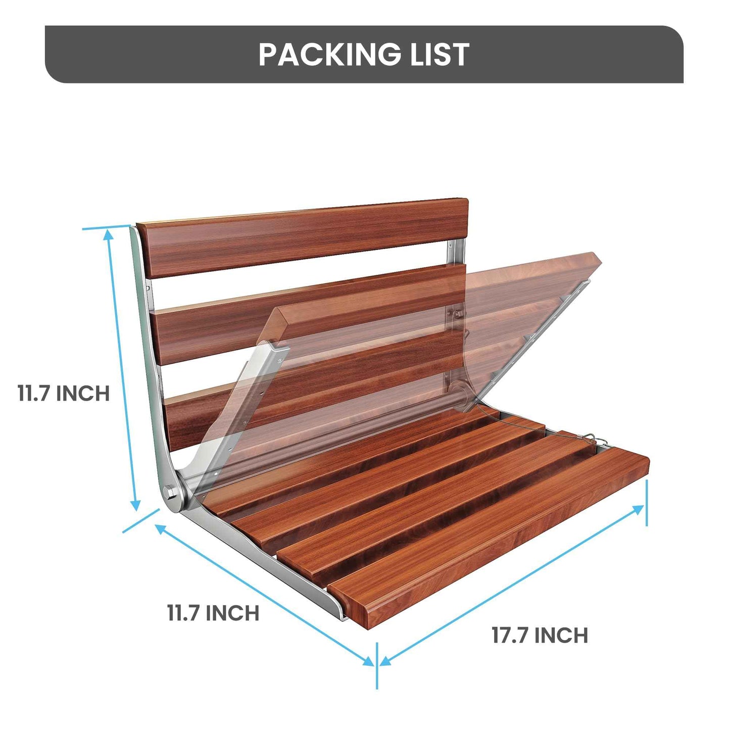 Kfpmx Folding Shower Seat Wall Mounted Teak Bench – Fold Down Bath Safety Seat with 304 Stainless Steel Frame, ADA Compliant Shower Chair for Elderly, Seniors, Disabled, 500 lb Capacity, 17.7" x 12.5"