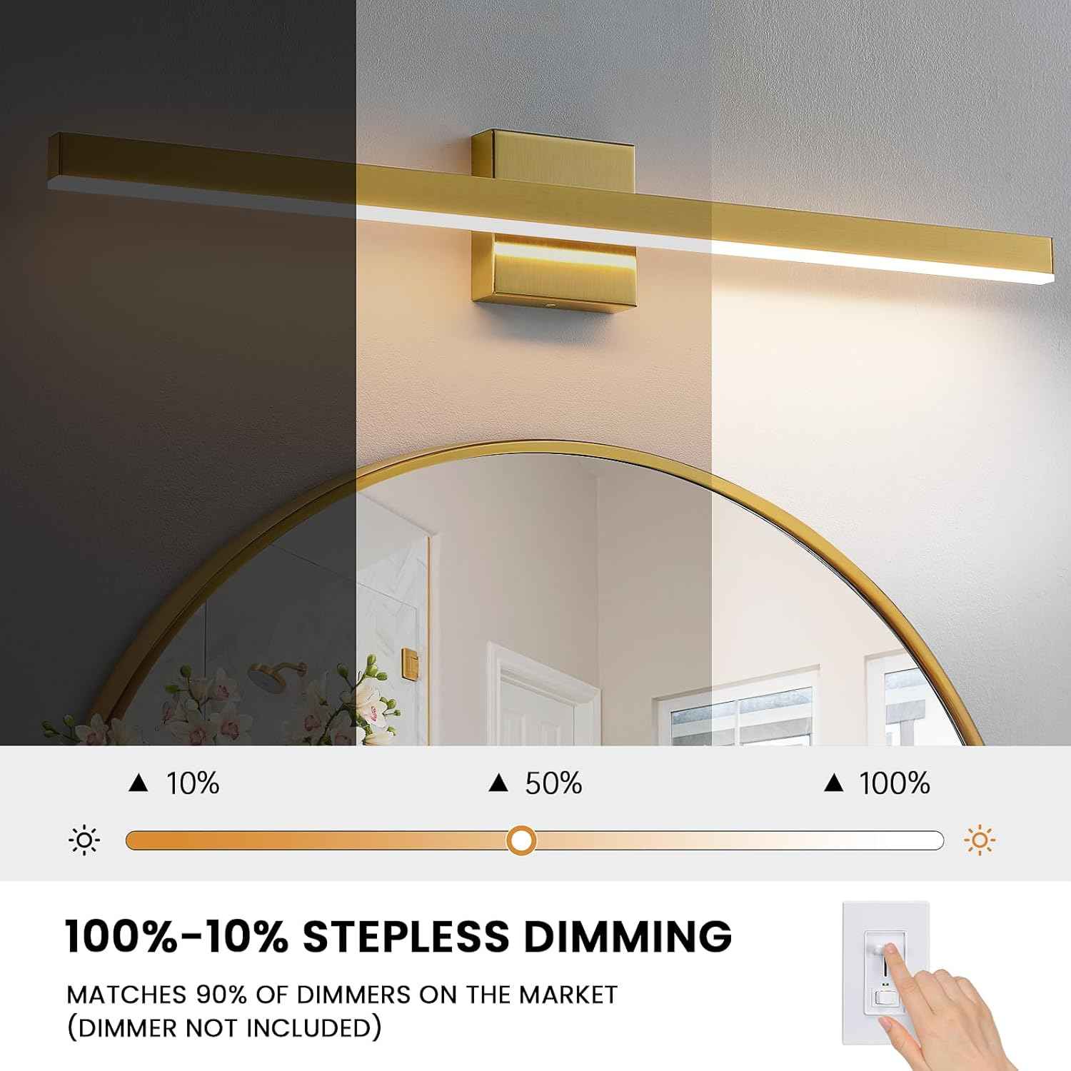 24-Inch Dimmable Gold Bathroom Vanity Light - Modern LED Bar Fixture for Over Mirror