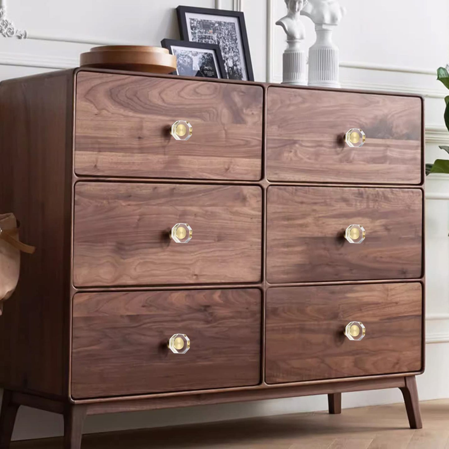 Guank 2-Pack 1-1/4-Inch Gold knob Dresser knobs White Cabinet Glass Crystal knobs Brass Drawer Polygonal Dresser Pulls, Drawer pulls