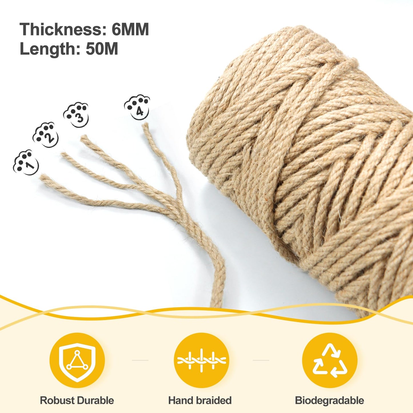 Jute Twine String - 164ft 6mm Eco-Friendly Heavy-Duty Cord for Crafts, Garden & Packaging | Natural Fiber Rope for DIY Decor, Bundling & Industrial Projects