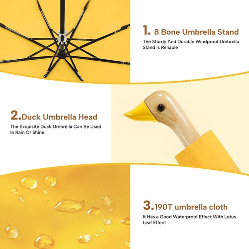 LEAGERA Compact Umbrellas for Rain&Sun, Travel Umbrella Cute Duck Head Handle Design for Girls Gifts, Steady 8 Ribs Folding Umbrella Lightweight and Small,Yellow