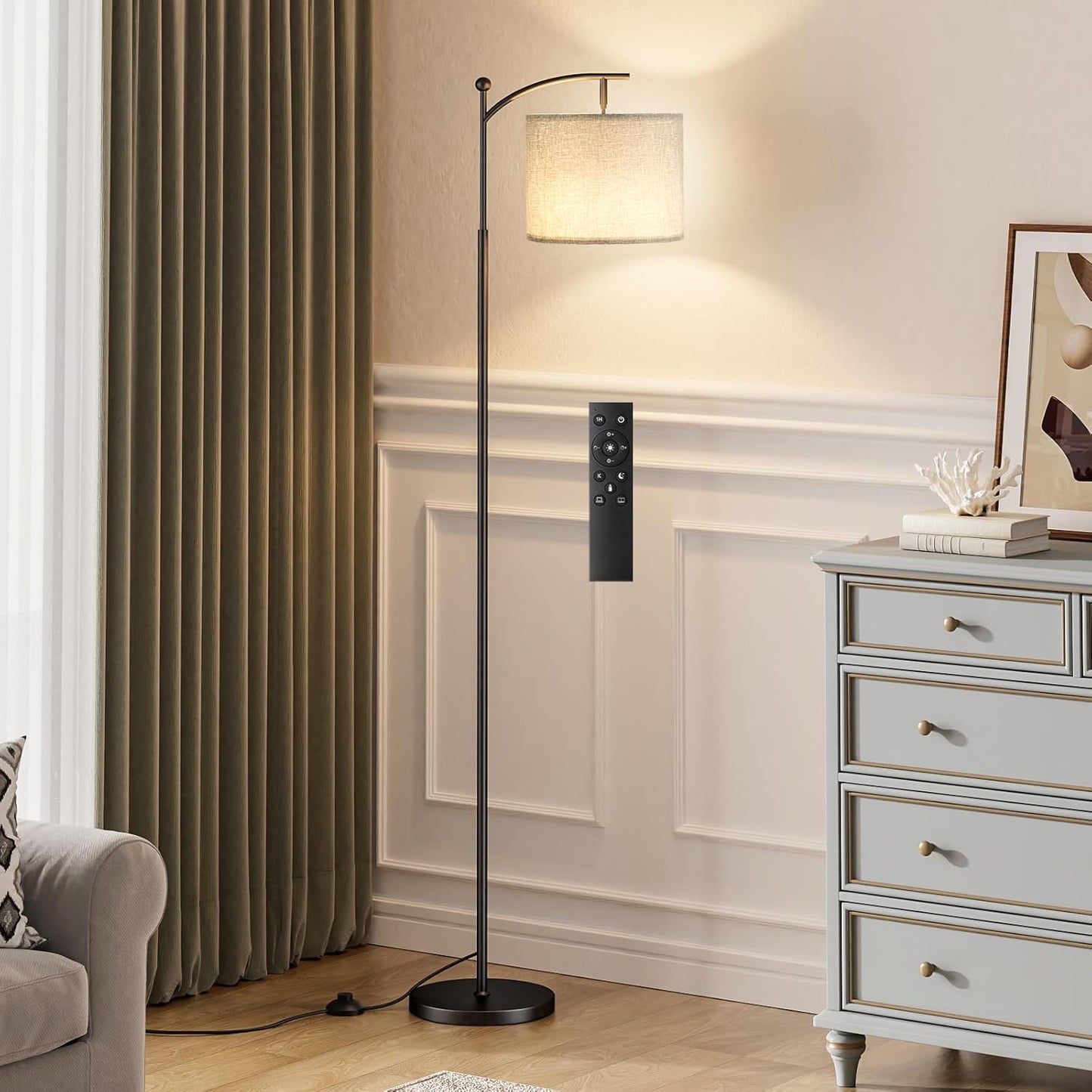 Modern 60" Floor Lamp with Remote Control & Dimmable LED Bulb - Beige Shade, Adjustable Brightness for Living Room