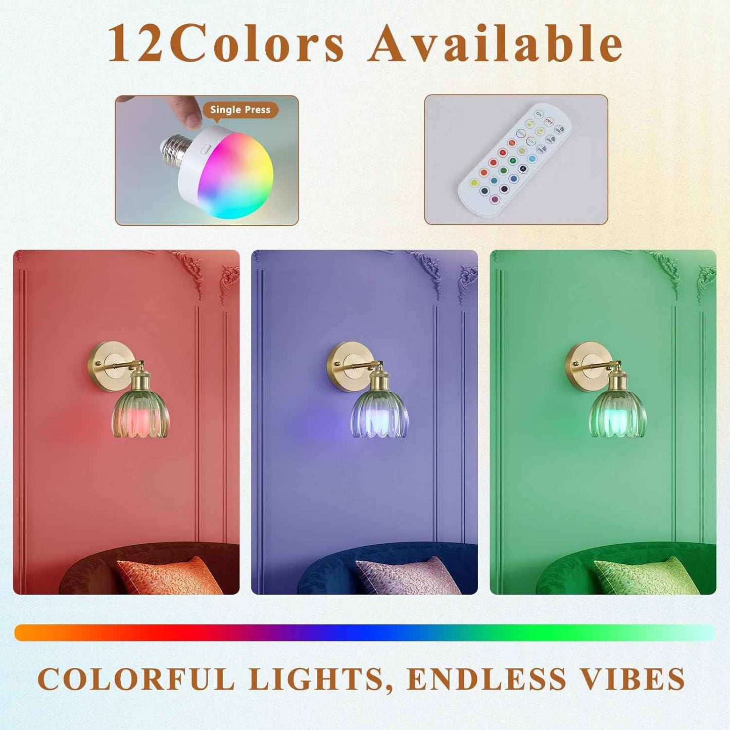 Rechargeable Vintage Wireless Wall Sconces - Gold LED Tulip Glass Lamps with Remote Dimming for Bedroom & Living Room