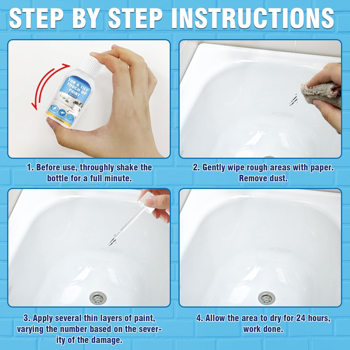 Tub and Tile Paint, White Touch Up Paint Pen for Bathtub, Repairs Countertops, Sinks, and Appliances, Porcelain Paint for Any Scratches Spots on Ceramic, Enamel, 1.5 fl Oz