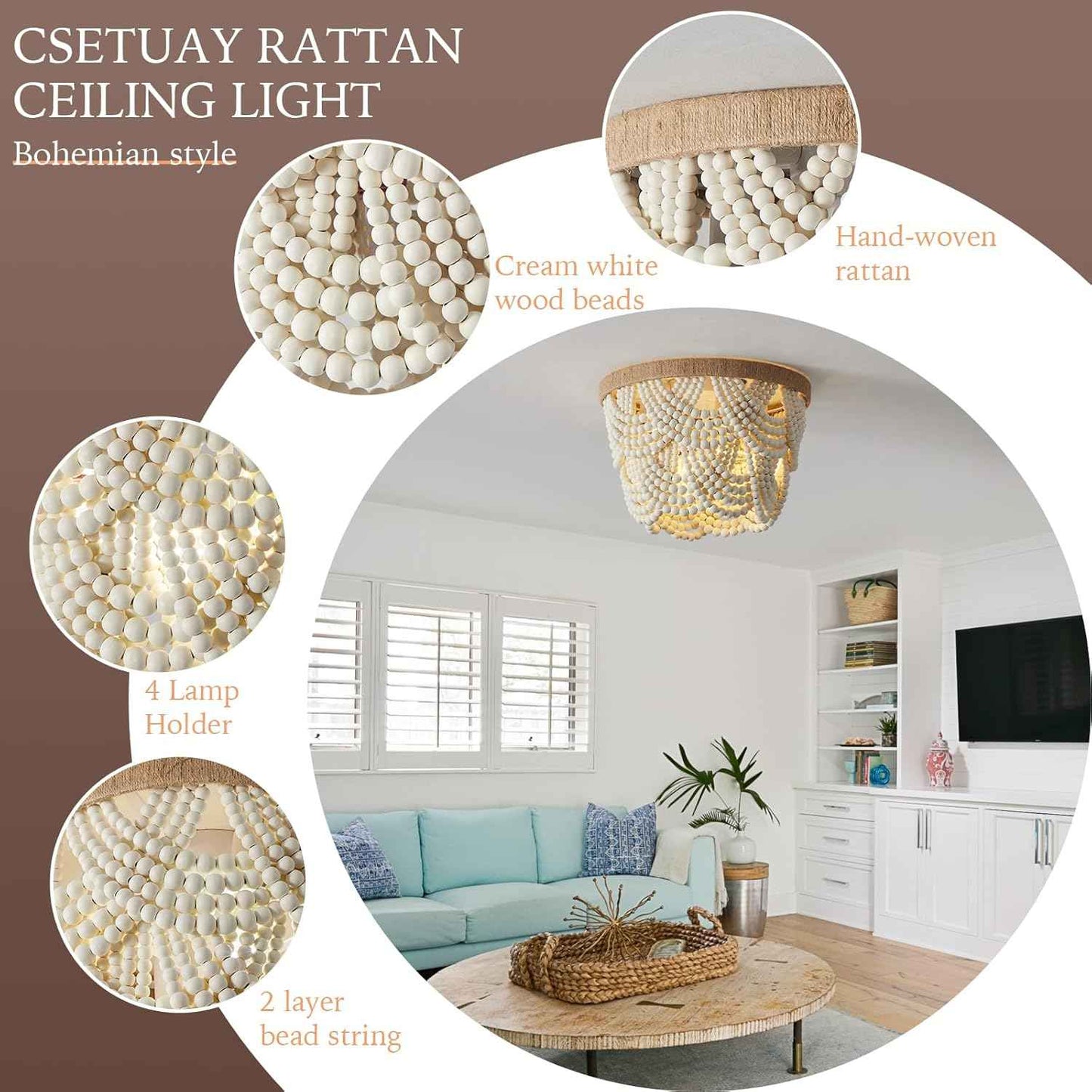 2-Tier White Boho Mini Chandelier - Wood Beaded Flush Mount Ceiling Light for Bedroom, Hallway, Nursery & More