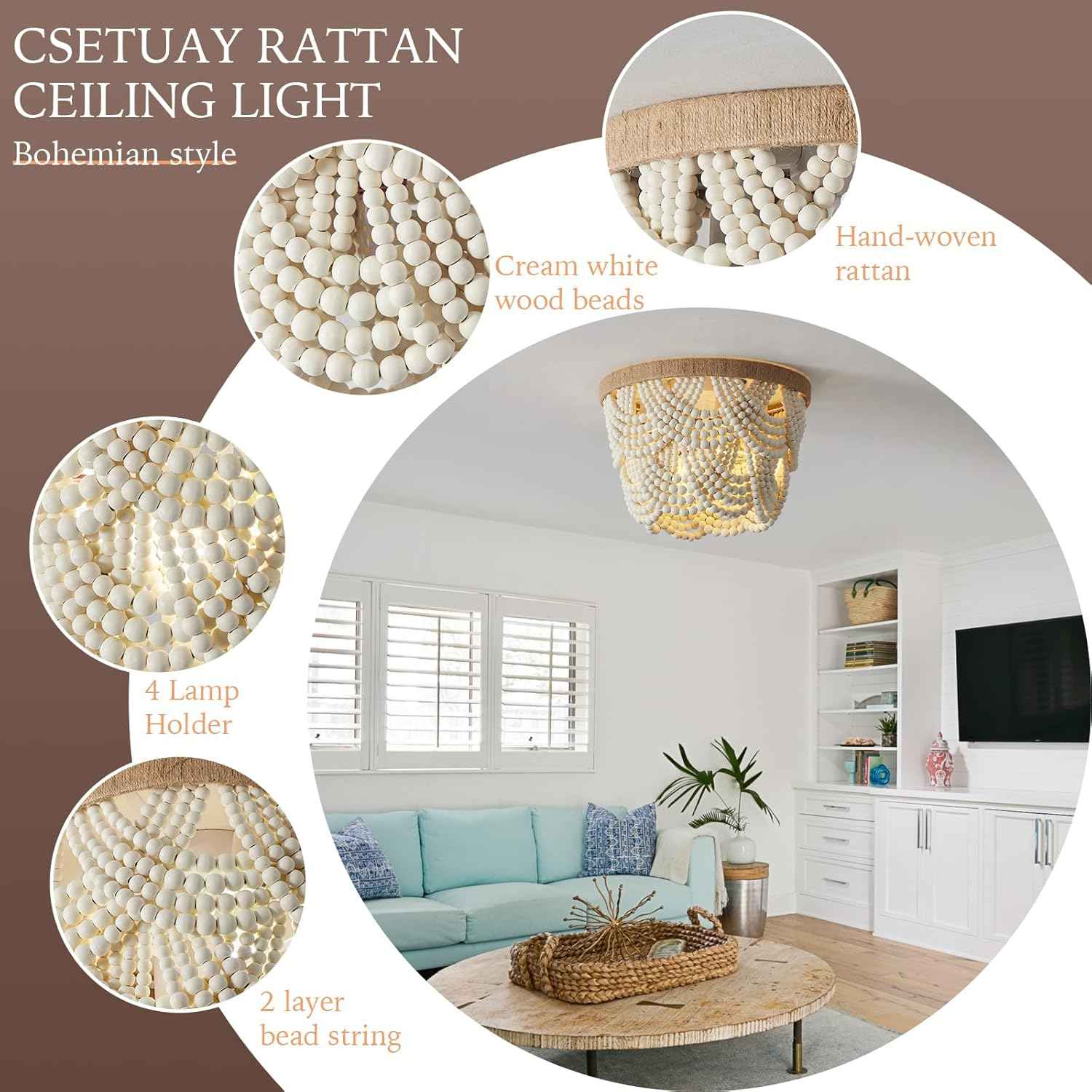 2-Tier White Boho Mini Chandelier - Wood Beaded Flush Mount Ceiling Light for Bedroom, Hallway, Nursery & More