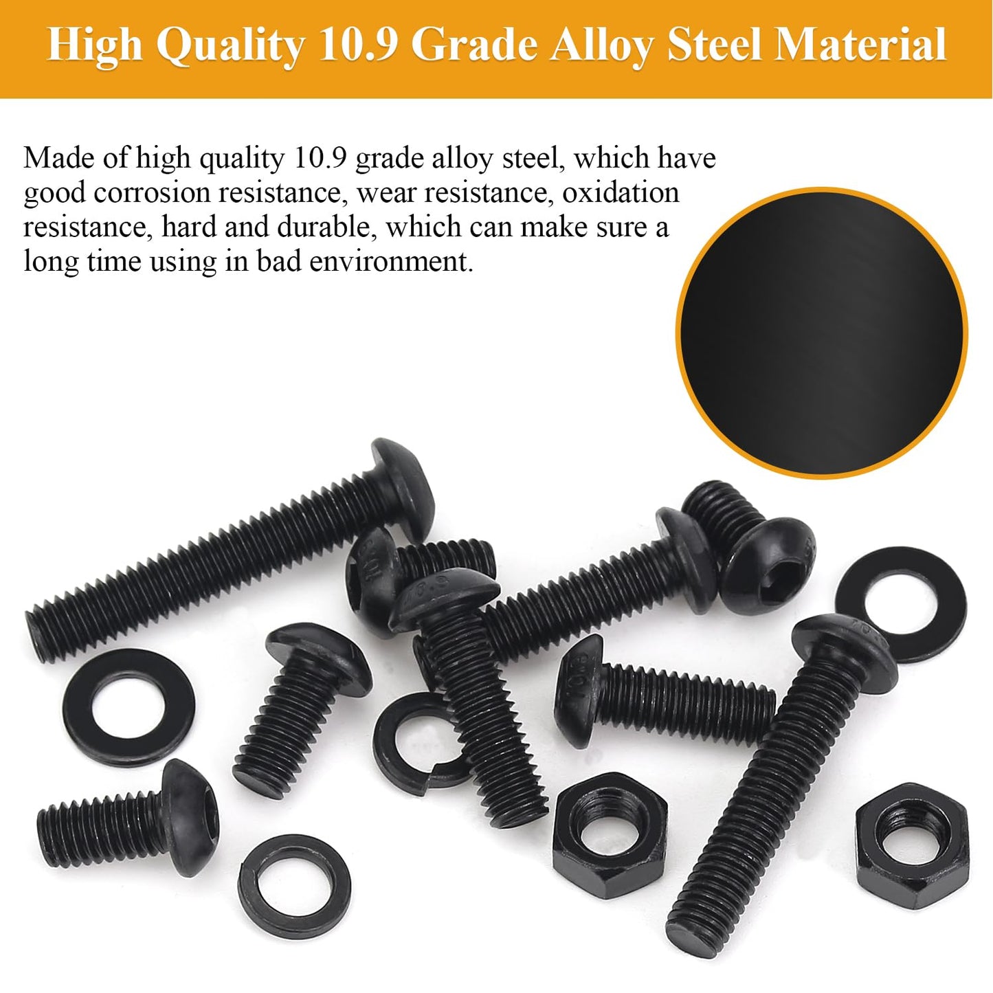 150 Pieces M6 Screws Nuts Washers Set Black, Sutemribor M6 x 10/12/16/20/25/30/35mm Button Head Socket Cap Screws Nuts Washers Assortment Kit, 10.9 Grade Alloy Steel, Fully Threaded