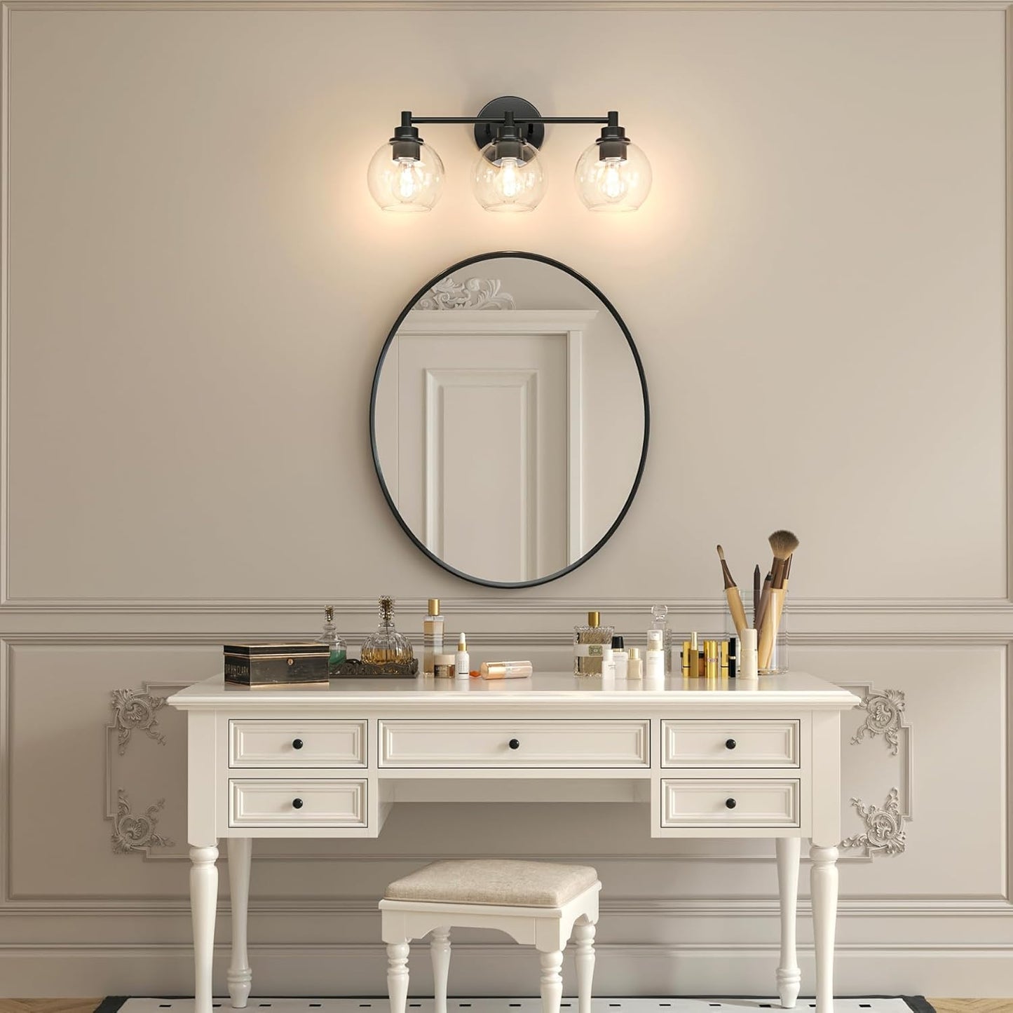 3-Light Vanity Bathroom Light Fixture with Globe Glass Shades - Brushed Nickel, ETL Certified