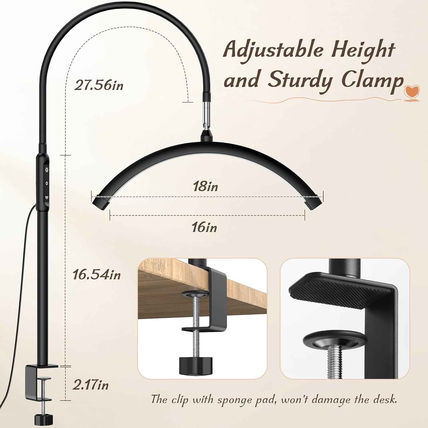 LED Half Moon Clamp Desk Lamp for Nail Art & Skincare - 5 Brightness Levels, Remote Control