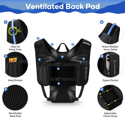 Maelstrom Hydration Backpack, Hiking Backpack with 2L Water Bladder, Running Hydration Vest for Cycling Hiking Rave for Men Women (Black, 2L Bladder)