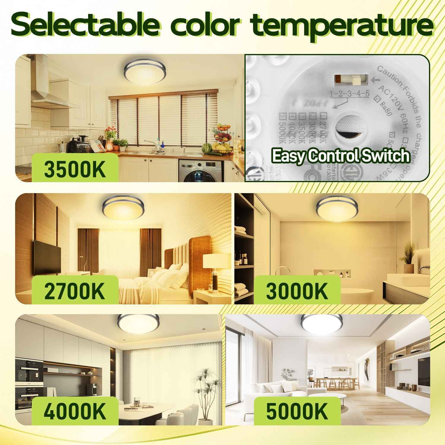 Adjustable 13-Inch Gold LED Flush Mount Ceiling Light Fixture - Dimmable 2700K-5000K for Hallway, Bathroom & Kitchen (2-Pack)