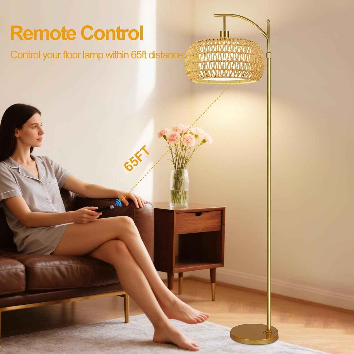 Boho Gold Floor Lamp with Remote Control | Dimmable Rattan & Wicker Design for Living Room
