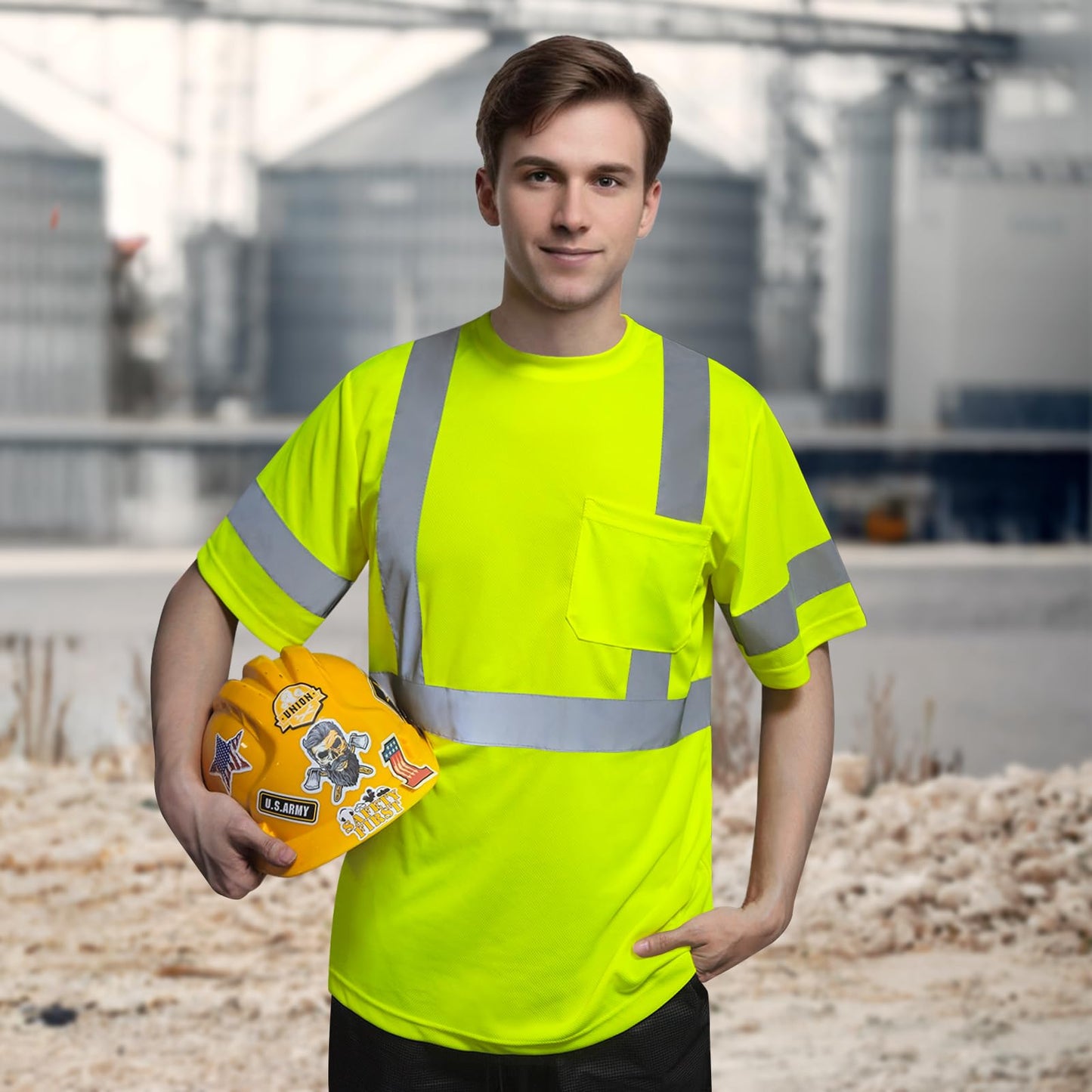 TCCFCCT Hi Vis Shirts for Men Class 3 High Visibility Shirt with Short Sleeves, Reflective Safety Shirts for Men, Construction Work Shirts with Reflective Strips, Durable &Breathable, DC-Yellow XL