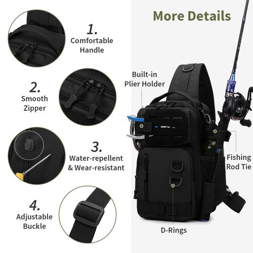 CamGo Small Tactical Sling Bag Black Military One Strap Crossbody Fishing Shoulder Pack Molle Backpack for Sport Daily
