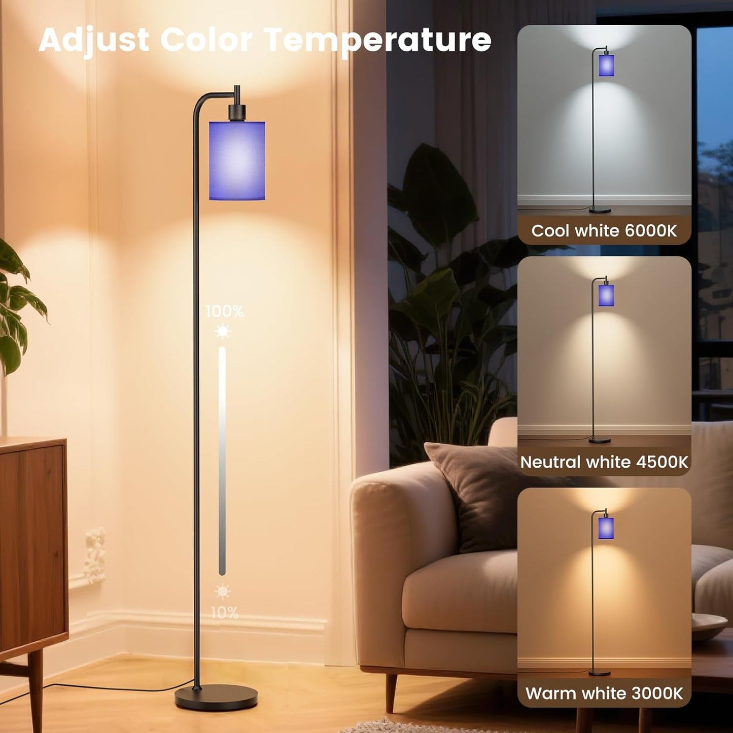 Dimmable Floor Lamp with Linen Shade & Remote Control - Modern 9W LED Standing Lamp for Living Room, Bedroom, Office
