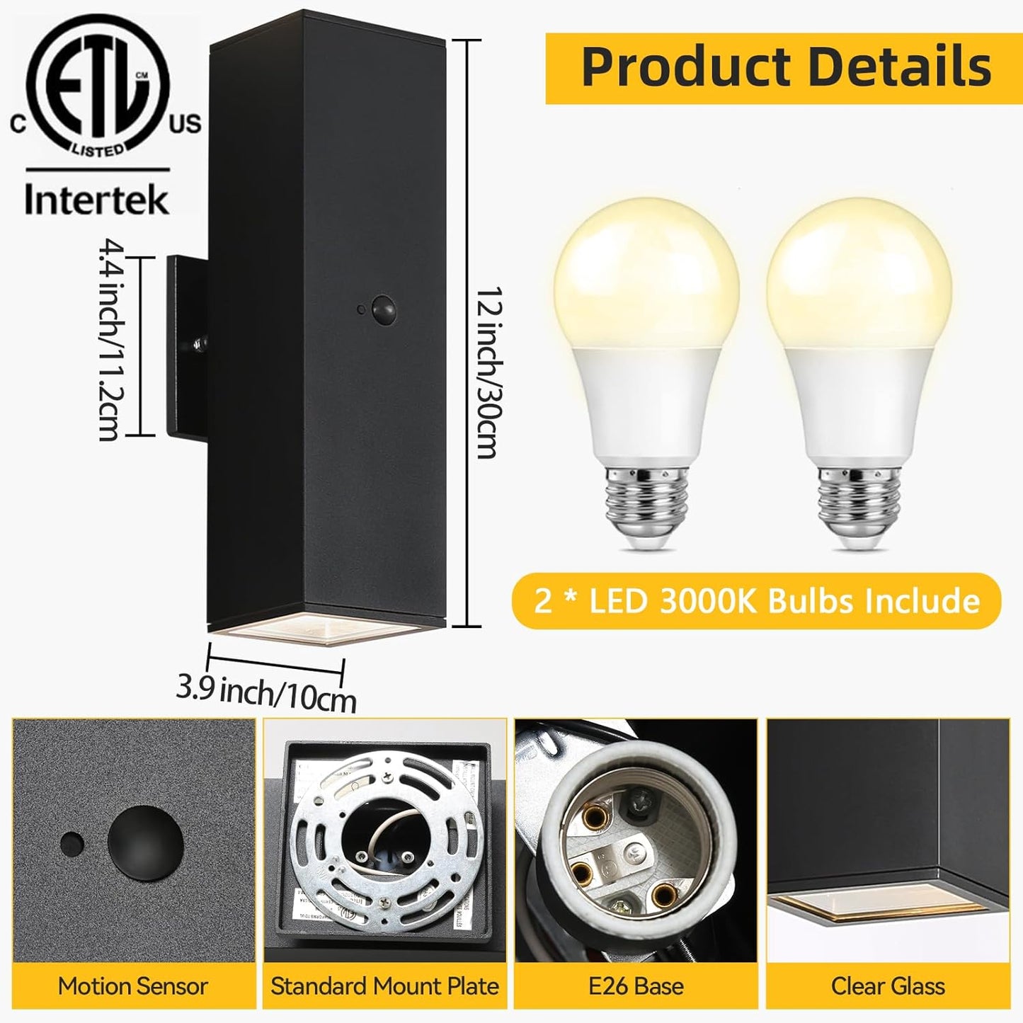 Modern Outdoor Wall Lights - Dusk to Dawn Square Matte Black Sconce with Bulbs, Aluminum Anti-Rust Up & Down Lighting for Porch & Garage