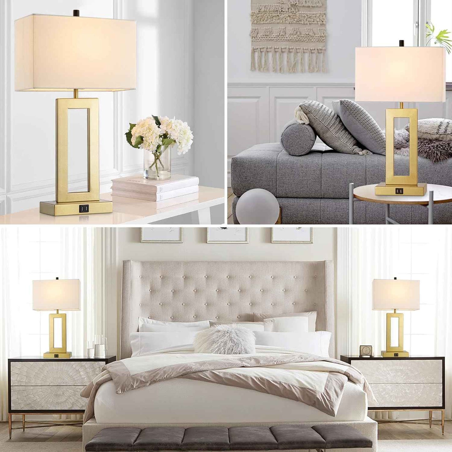 Gold Table Lamps Set of 2 - 3-Way Dimmable Touch Control with USB Ports, 22” Modern Design for Bedroom & Living Room