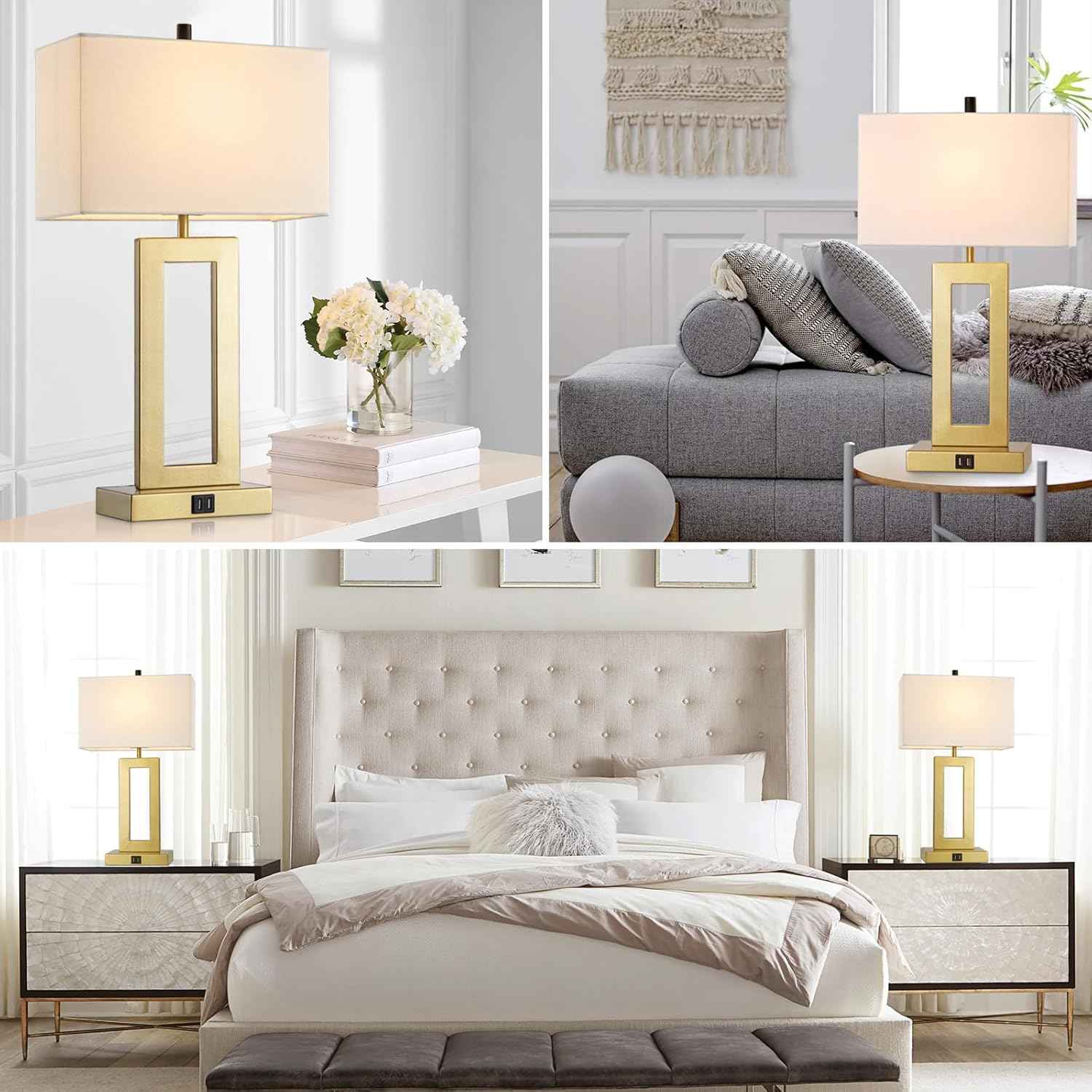 Gold Table Lamps Set of 2 - 3-Way Dimmable Touch Control with USB Ports, 22” Modern Design for Bedroom & Living Room