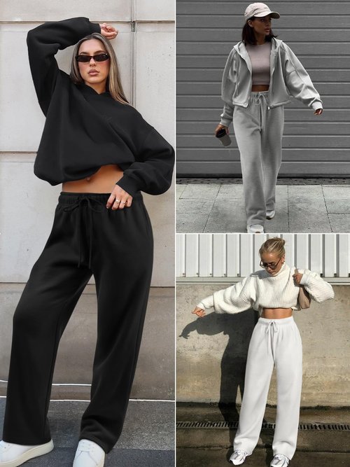ATHMILE Women 2026 Fall Fleece Lined Plus Size Sweatpants Baggy Open Bottom Lounge Heated Pants Athletic Joggers Black