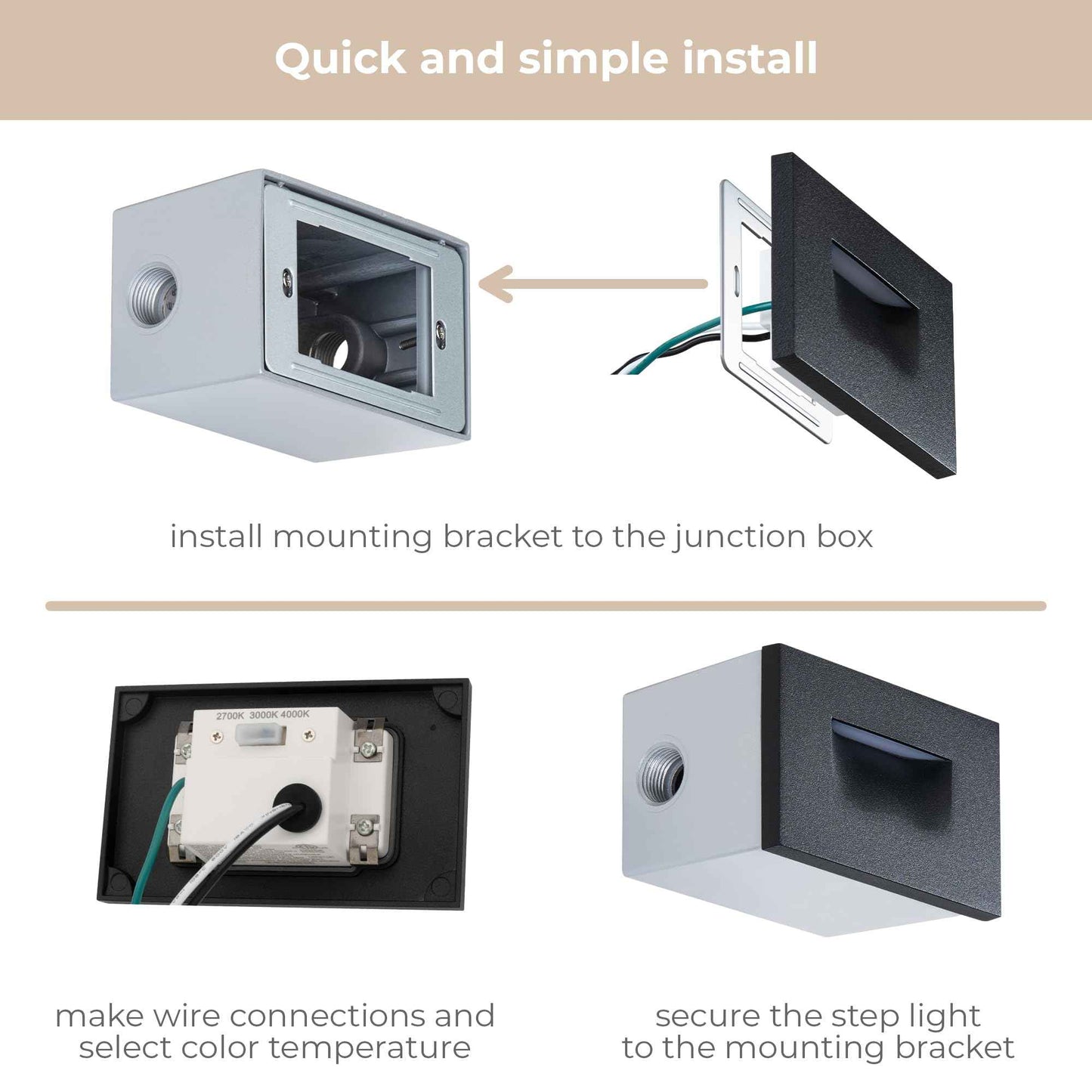 East Grove Home Builder Essentials Indoor or Outdoor 120V Input LED Step or Patio Deck Light Horizontal Orientation with 3-CCT 2700K-3000K-4000K Selectability in Matte Black