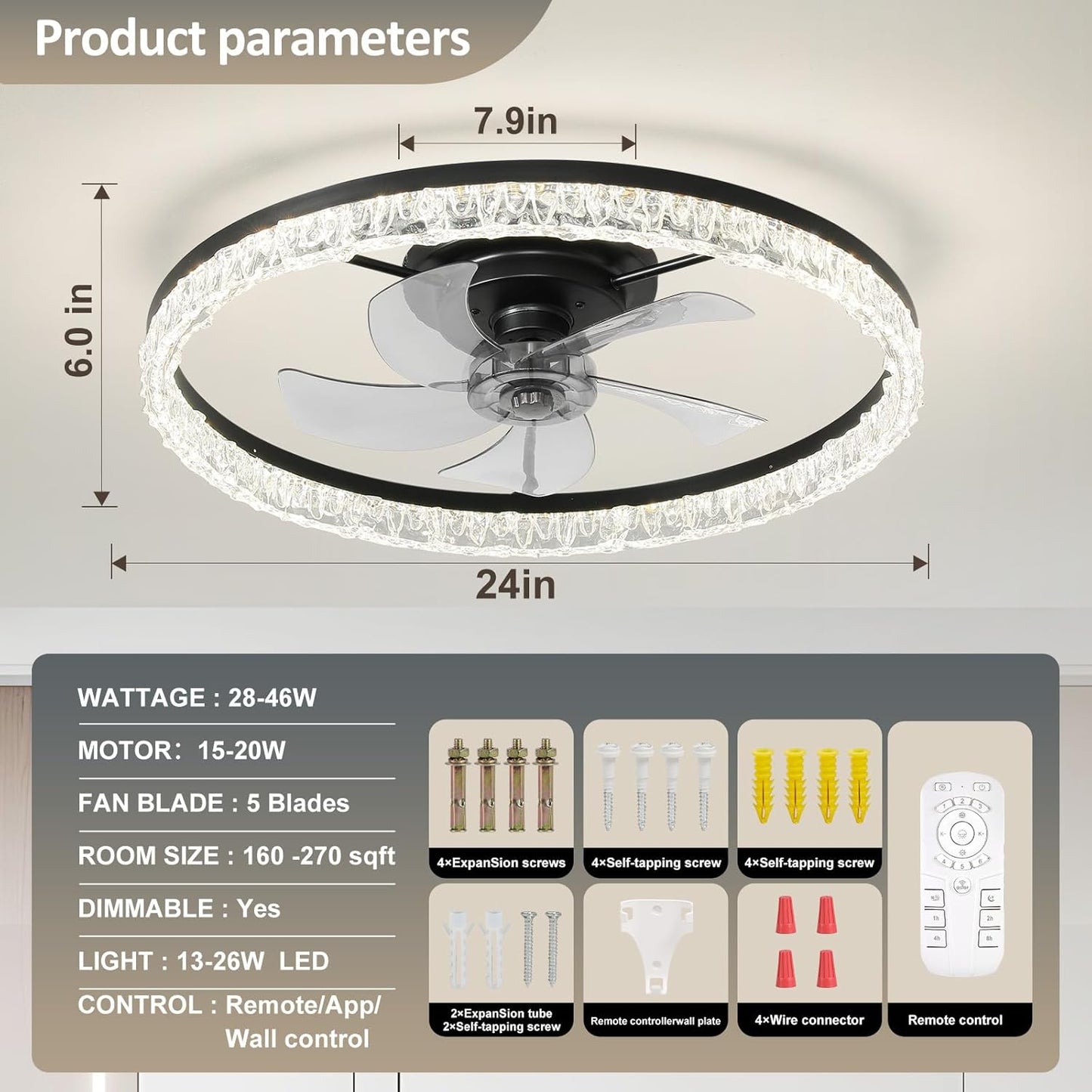 Flush Mount Ceiling Fan with Lights & Remote - 6 Speed Low Profile for Bedroom & Small Rooms