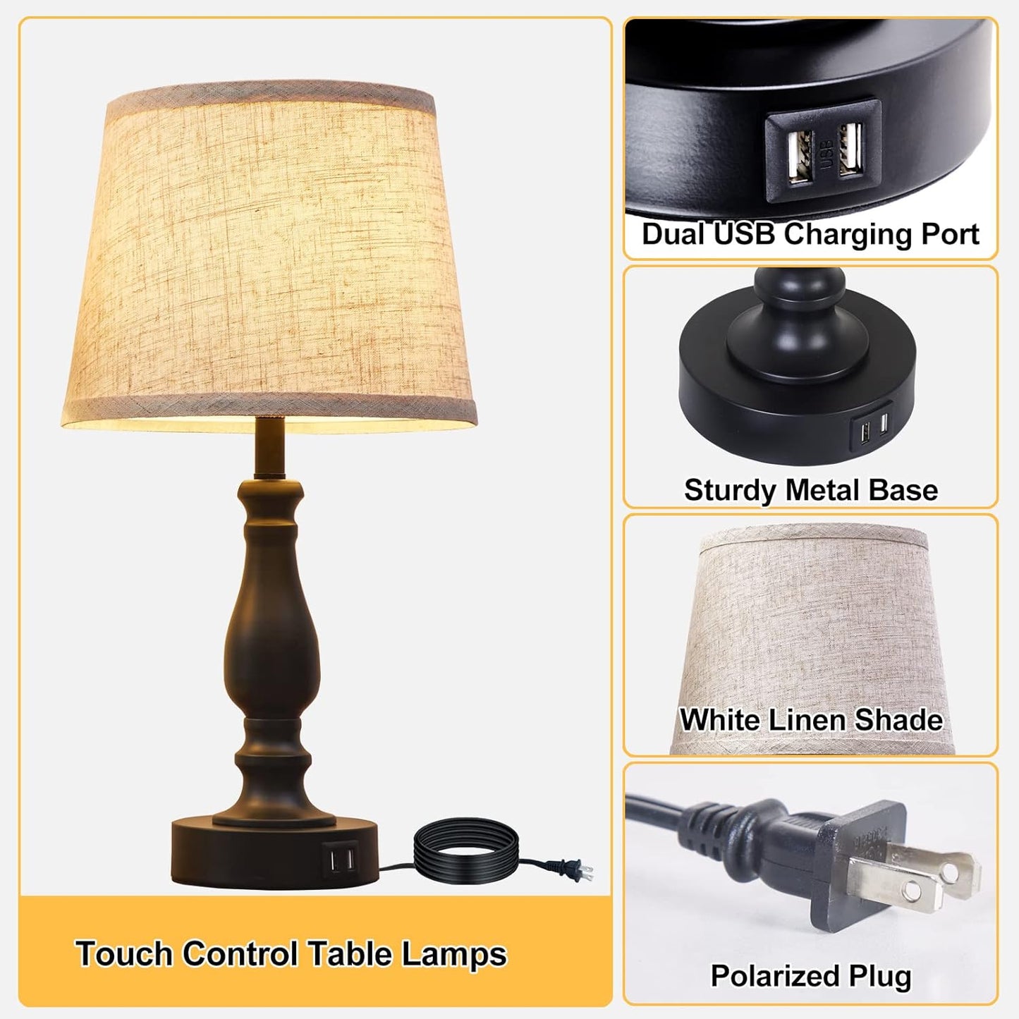 Touch Bedside Table Lamps Set of 2 with USB C+A Ports - 3-Way Dimmable Linen Shade