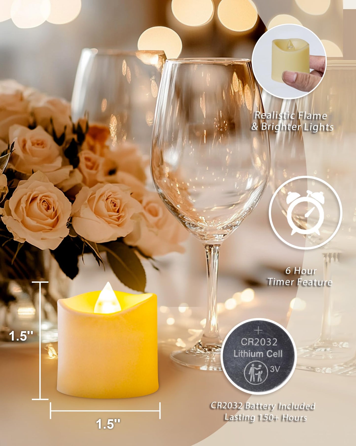 5plots Auto Timer Flameless Candles, LED Votive Tea Light, Battery Operated Electric Fake Candles for Wedding, Table Centerpiece, Halloween, Christmas Decorations - Ivory (12 Pack)