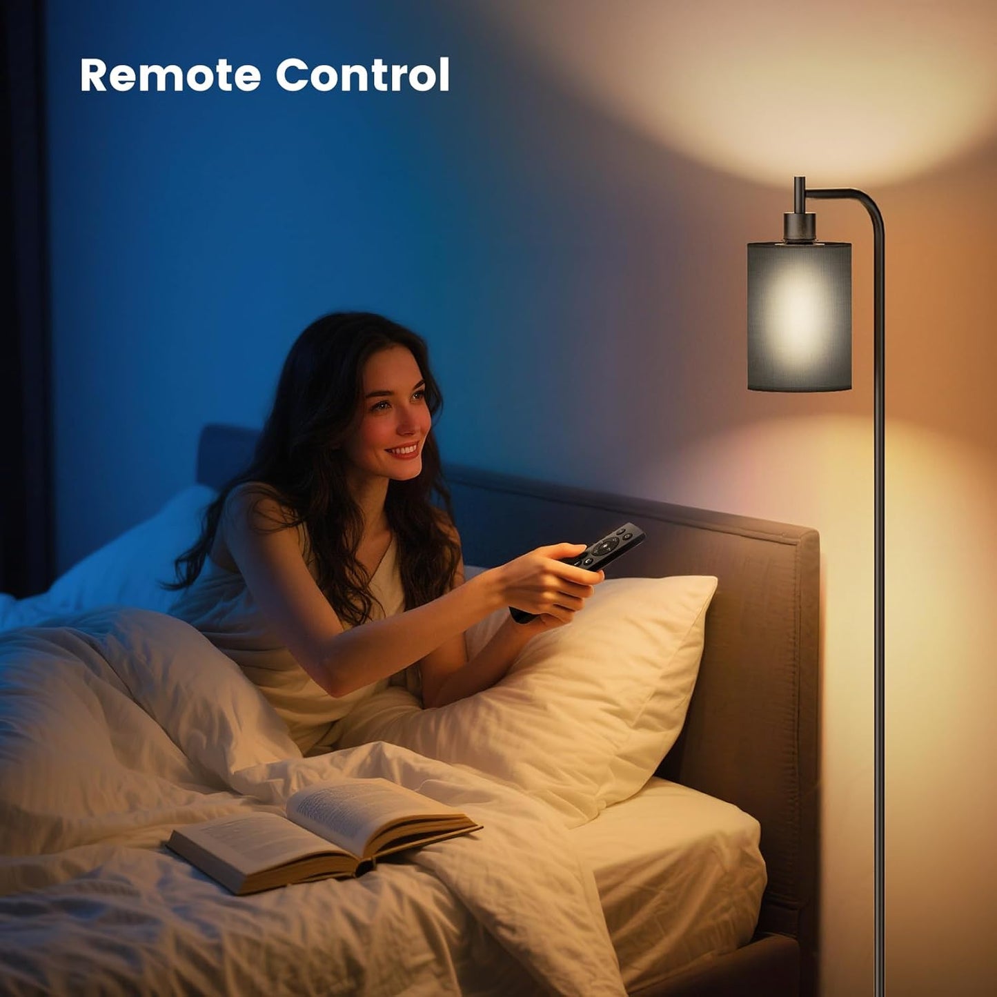 Dimmable Floor Lamp with Linen Shade & Remote Control - Modern 9W LED Standing Lamp for Living Room, Bedroom, Office