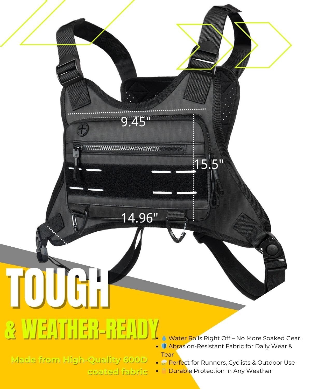 Outdoor Chest Bag for Men, Lightweight Water Resistant Chest Pack with Phone Holder & Extra Storage - Adjustable Tactical Utility Vest for Running, Hiking, Cycling, Workouts, Travel (Black)
