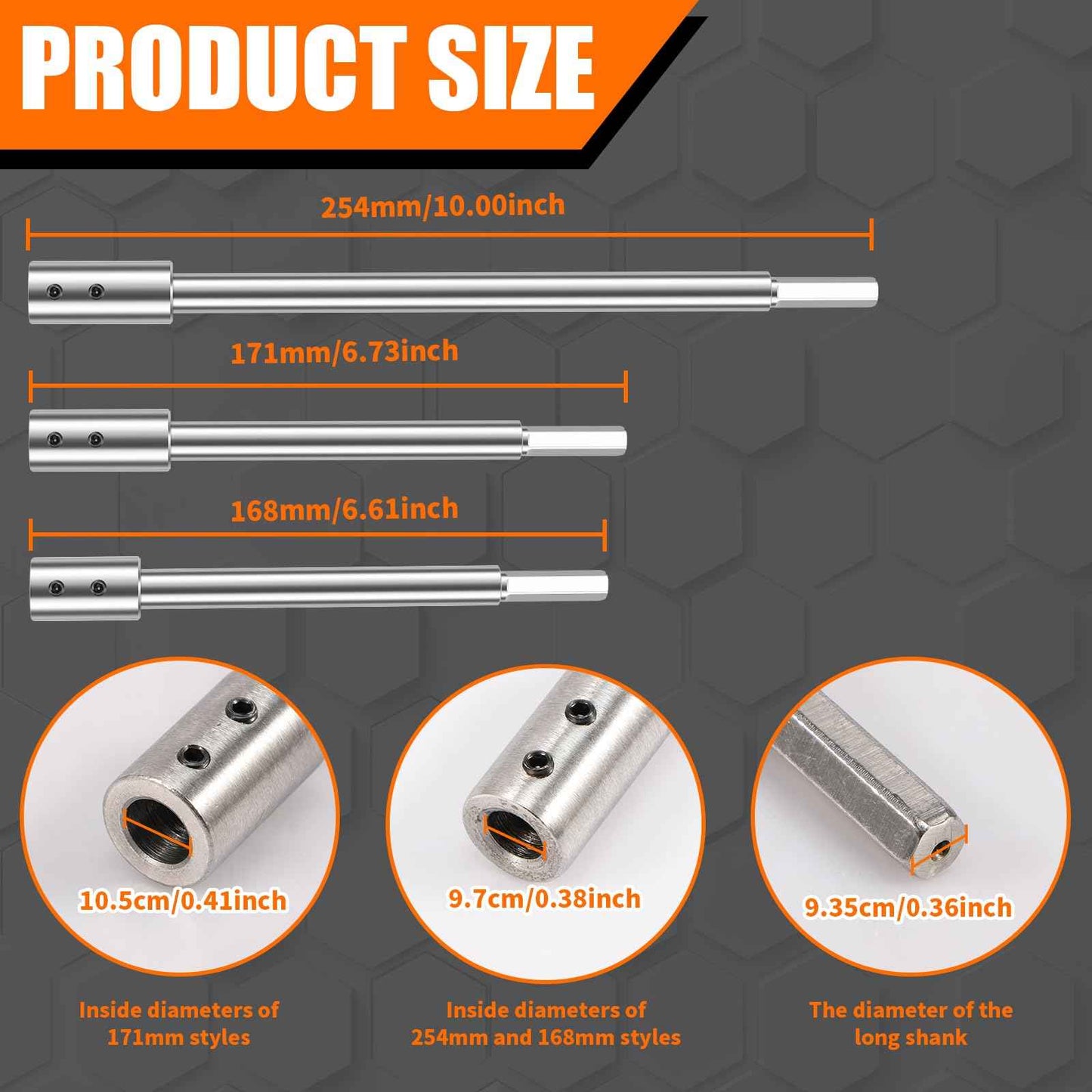 FALESOUL 3Pcs Forstner Bit Extension for 3/8" Round Shank, High-Carbon Steel Wood Spade Drill Bit Extender, for Adding Over 8+3/4 inches to 5+3/8 inches inches of Drilling Depth (10+6.7+6.6 inch)