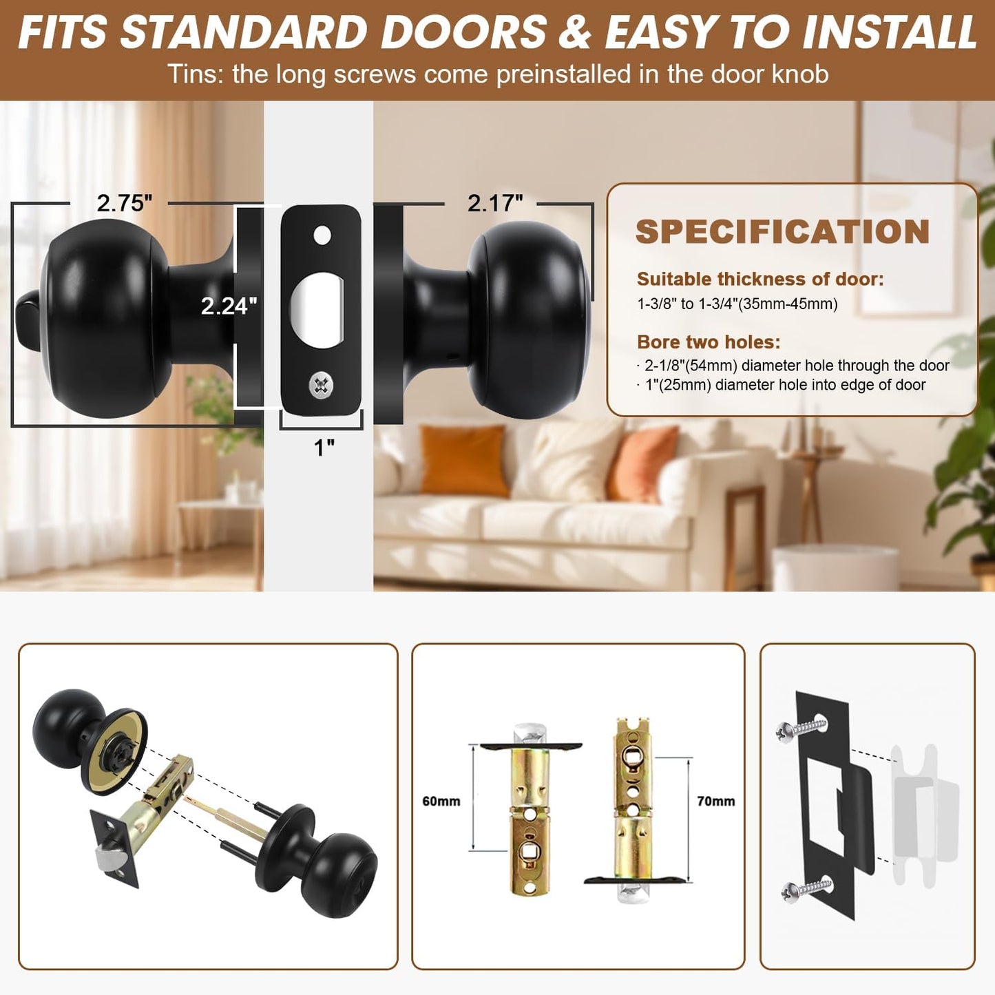 Matte Black Privacy Door Knobs - 8 Pack Keyless Locksets for Bed & Bath, Reversible