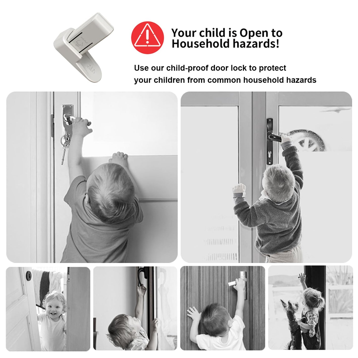 KIZZHISI Child Proof Door Lock (2 Pack) - No-Drill Universal Door Handle Lock with 3M Adhesive, Light Gray Durable ABS Door Handle Baby Proof - Easy One Hand Operation for Adults