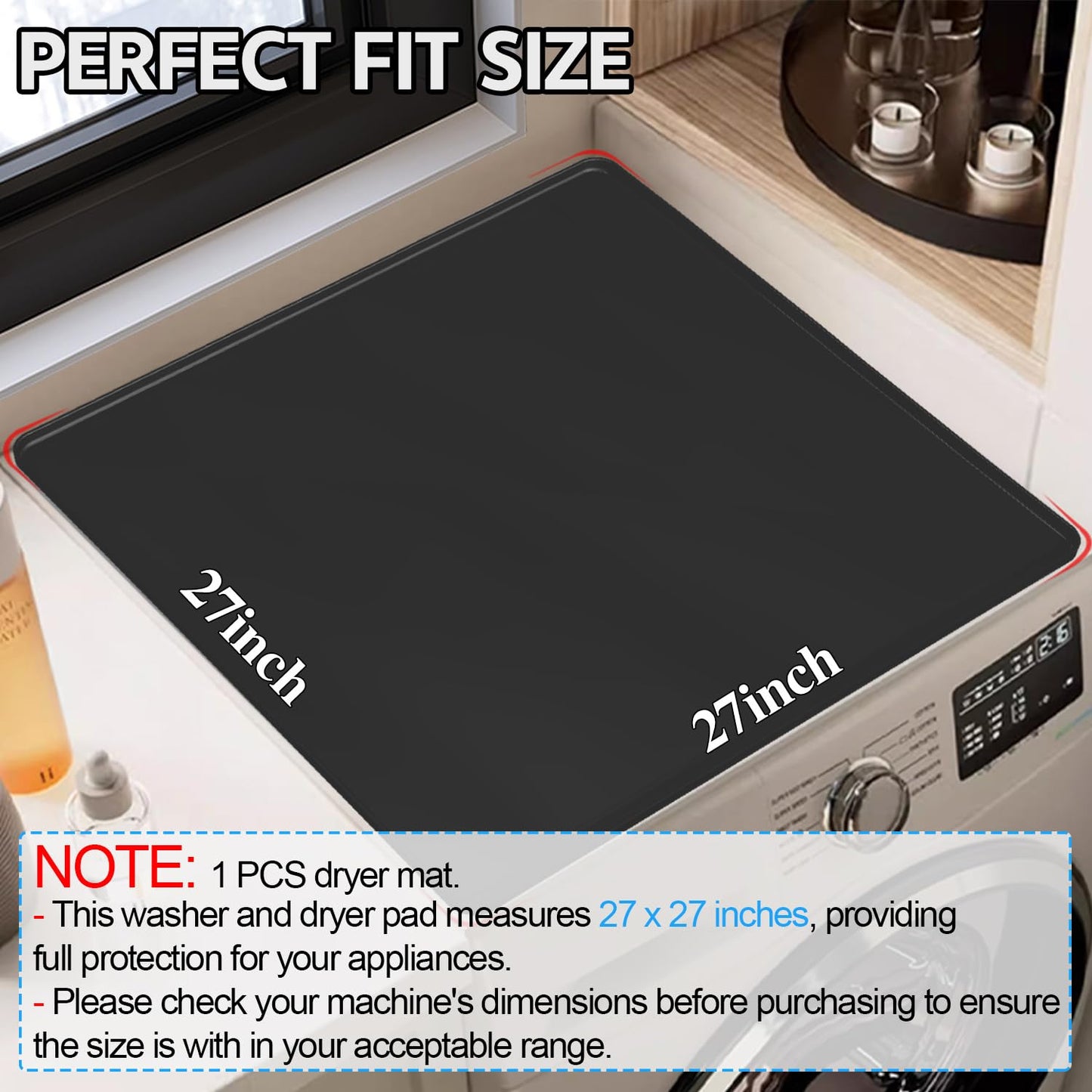 Washing Machine Cover for Top 27”x 27" Pad for Top of Washer or Dryer Protector Rubber Mat for Washing Machine Accessories Non Slip Waterproof Washable (Black)
