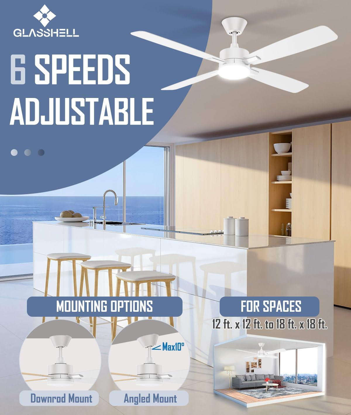52-Inch Ceiling Fan with Remote Control & Dimmable Light - Noiseless DC Motor for Indoor/Outdoor Use