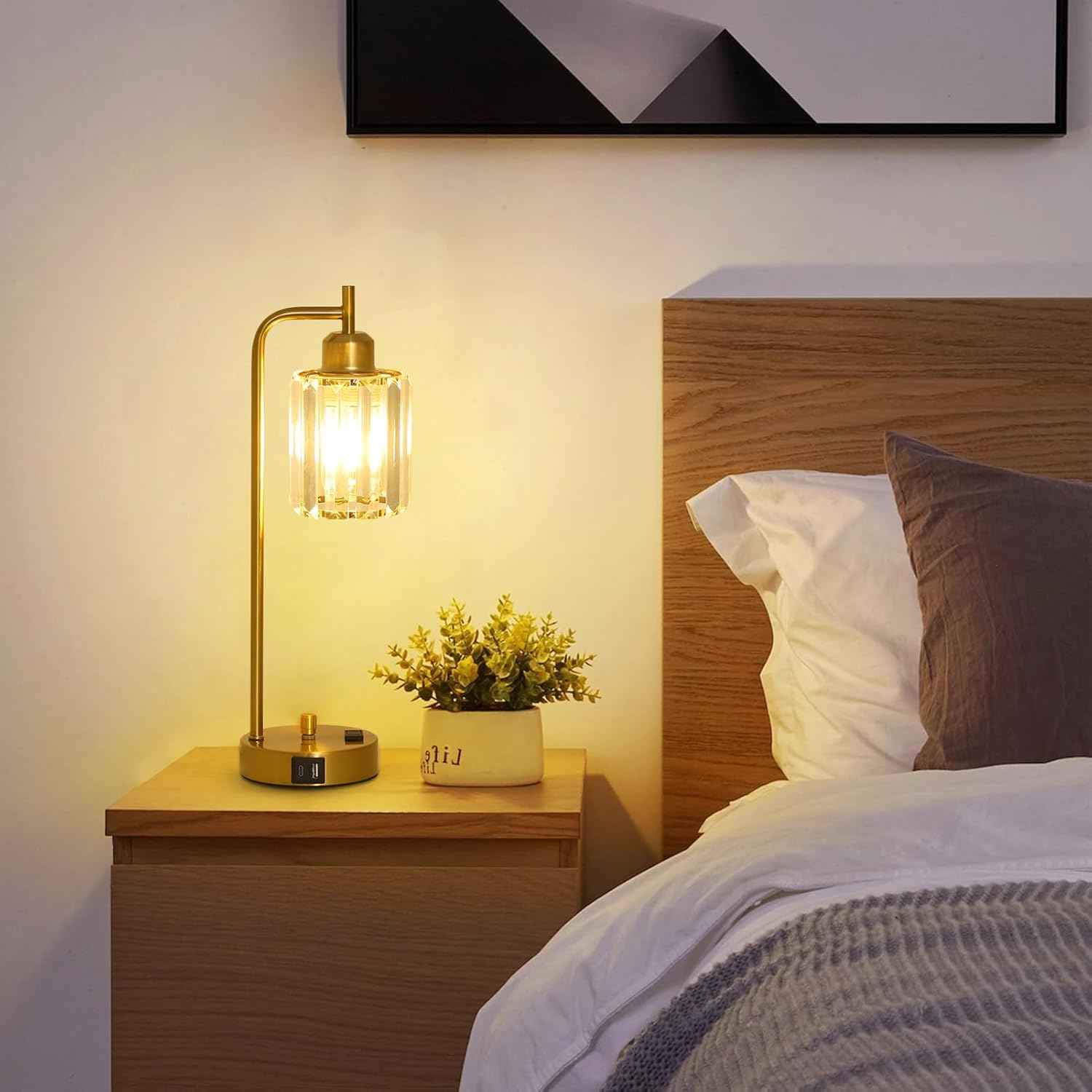 Modern Gold Crystal Table Lamps Set of 2 with LED Bulbs & USB Port - Elegant Bedside Lighting