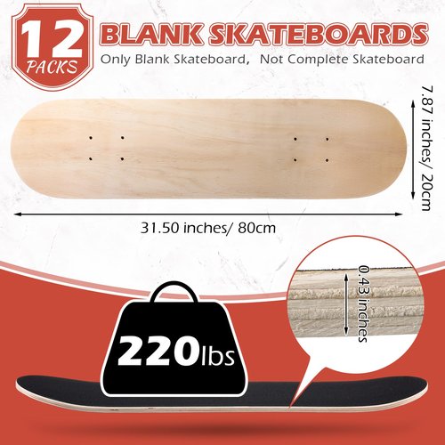 Meooeck 12 Pcs Blank Skateboard Decks for Art Painting 32 x 8 in, Wood Maple Skateboard Replacement 7 Ply Double Tail Plain Unfinished Skate Board with Sandpaper for Enthusiasts DIY Back School Gifts