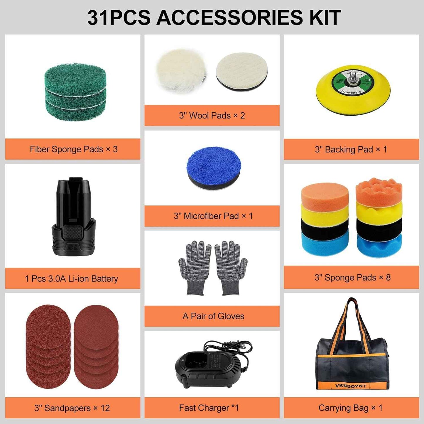 3-Inch Brushless Cordless Polisher & Sander Kit with 31 Accessories - 2 Speed (0-500/3000 RPM), 3.0Ah Battery for Car Detailing