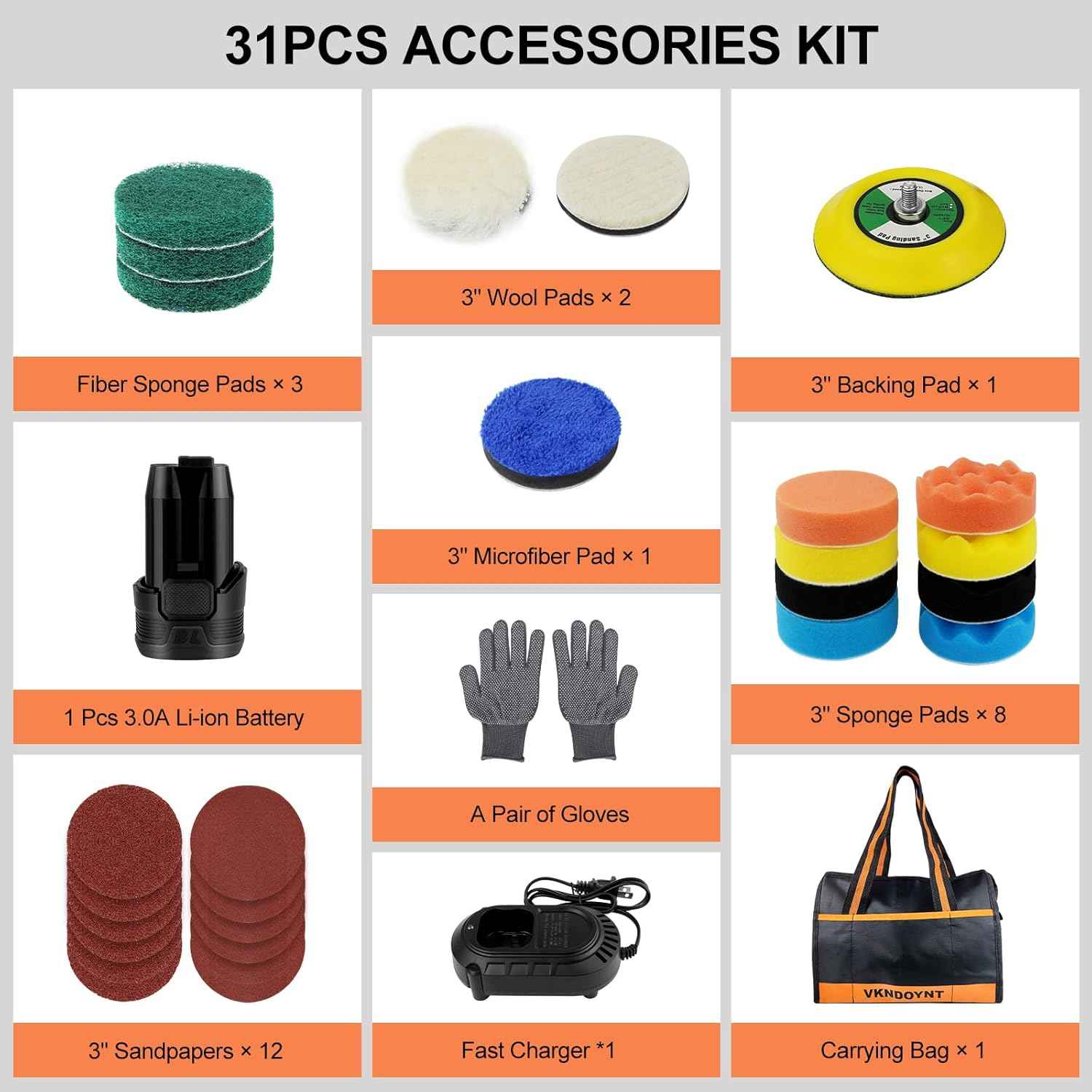 3-Inch Brushless Cordless Polisher & Sander Kit with 31 Accessories - 2 Speed (0-500/3000 RPM), 3.0Ah Battery for Car Detailing