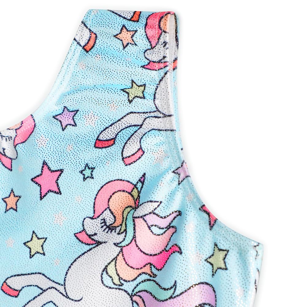 HOZIY Toddler Girls Leotards for Gymnastics Blue Unicorn Rainbow Stars Sky Aqua With Shorts Kids Leo Unitard Tumbling Outfits Biketard Leotardos Para Gimnasia Ninas Preschool