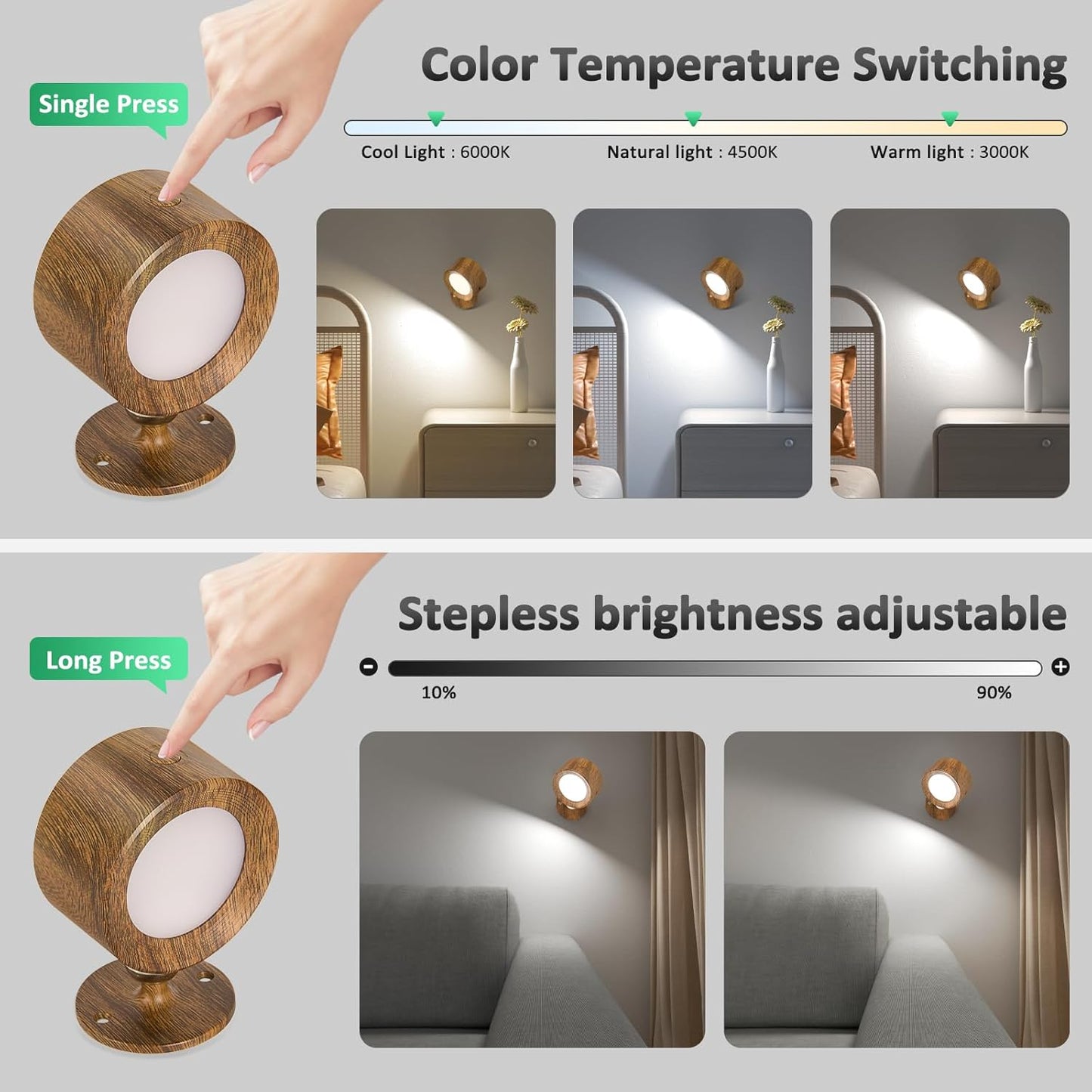 Rechargeable LED Wall Mounted Lights - 3 Pack with Remote, Dimmable & 360° Rotation for Bedroom