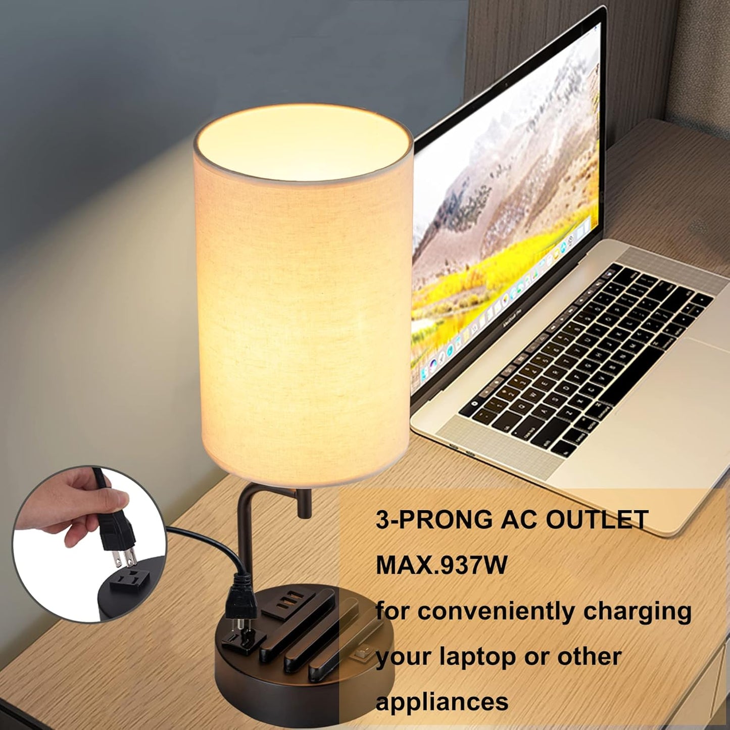 Modern Table Lamp with 3 USB Ports & AC Outlet - Set of 2 Bedside Desk Lamps in Silver